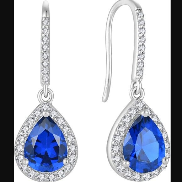 Halo Teardrop Dangle Earrings – Sterling Silver Created Sapphire NWT - Picture 7 of 7